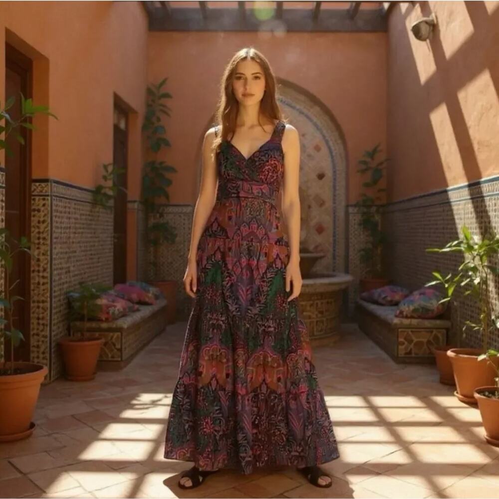 J. Crew Paisley Print Maxi Dress US 2 Tiered Ratti Scarf Colorful 100% Cotton - Picture 15 of 15
